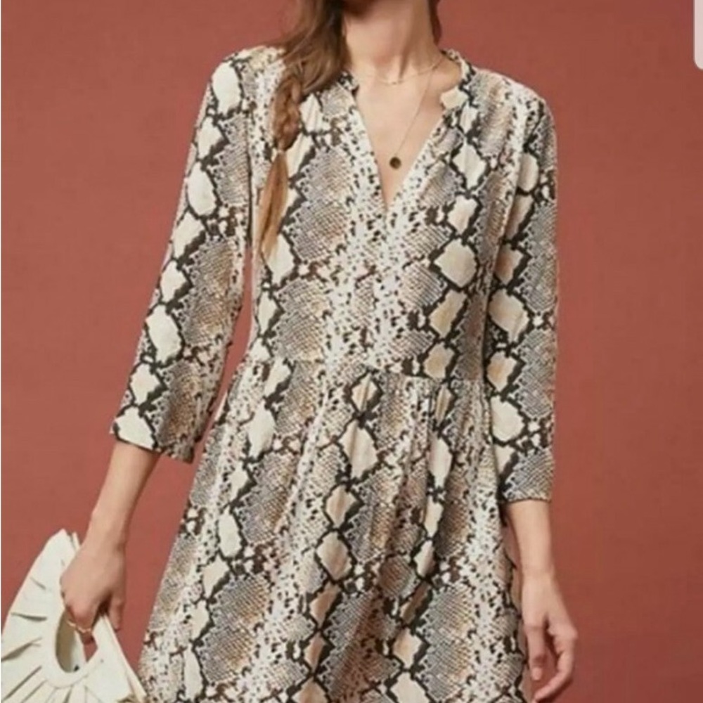 Maeve Beige and Black Snake Print Long Sleeve Dress